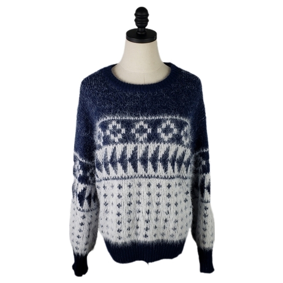 ANA  a New Approach Soft Fuzzy Crew Neck Sweater Blue /White Size 1X - Picture 1 of 6
